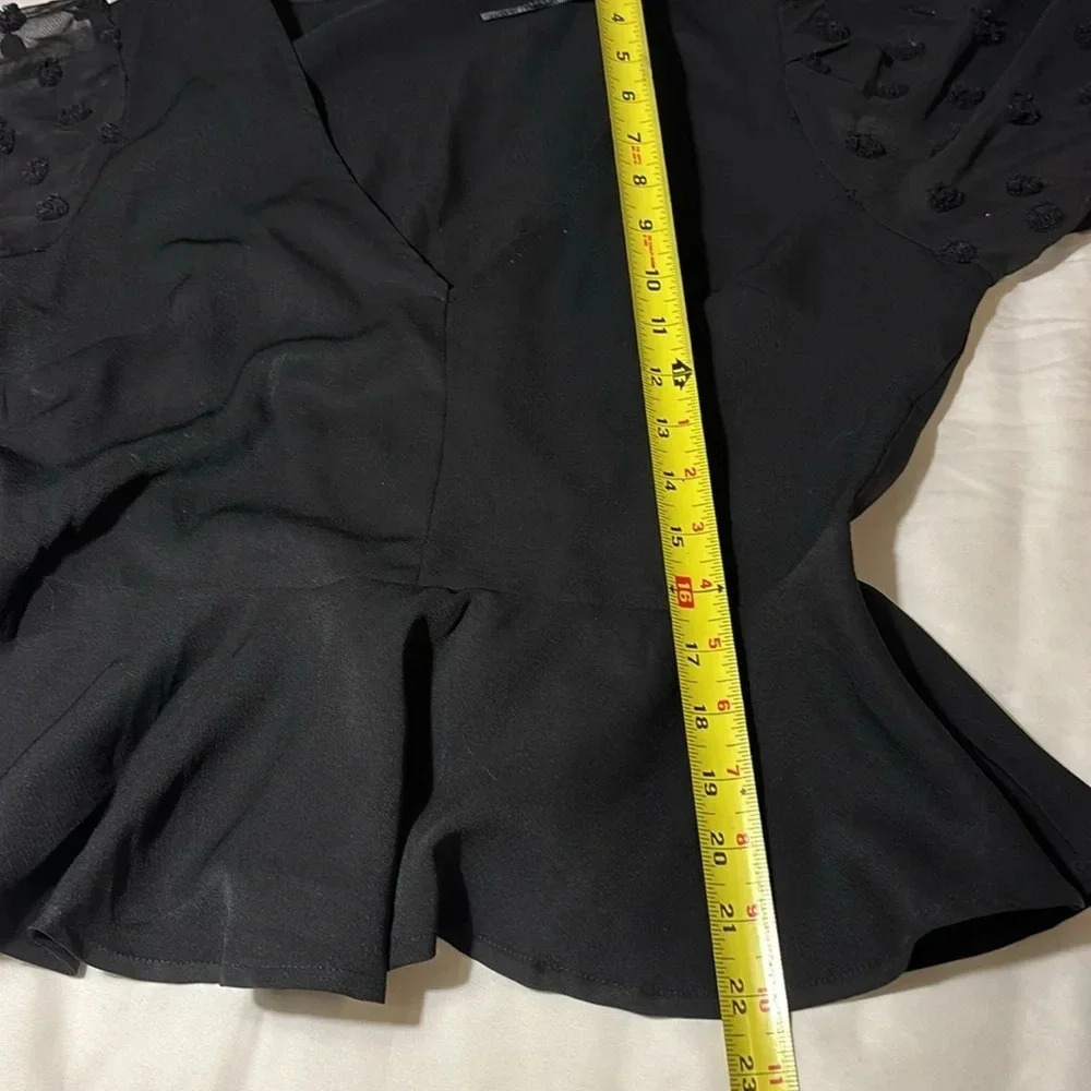 Peplum V-Neck Long Balloon Sleeve Swiss Dot Black Blouse - Picture 8 of 13